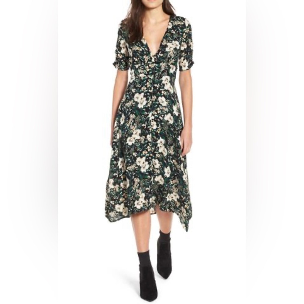 ASTR The Label Floral Midi Dress Button Down Green High Low Hem Size Small